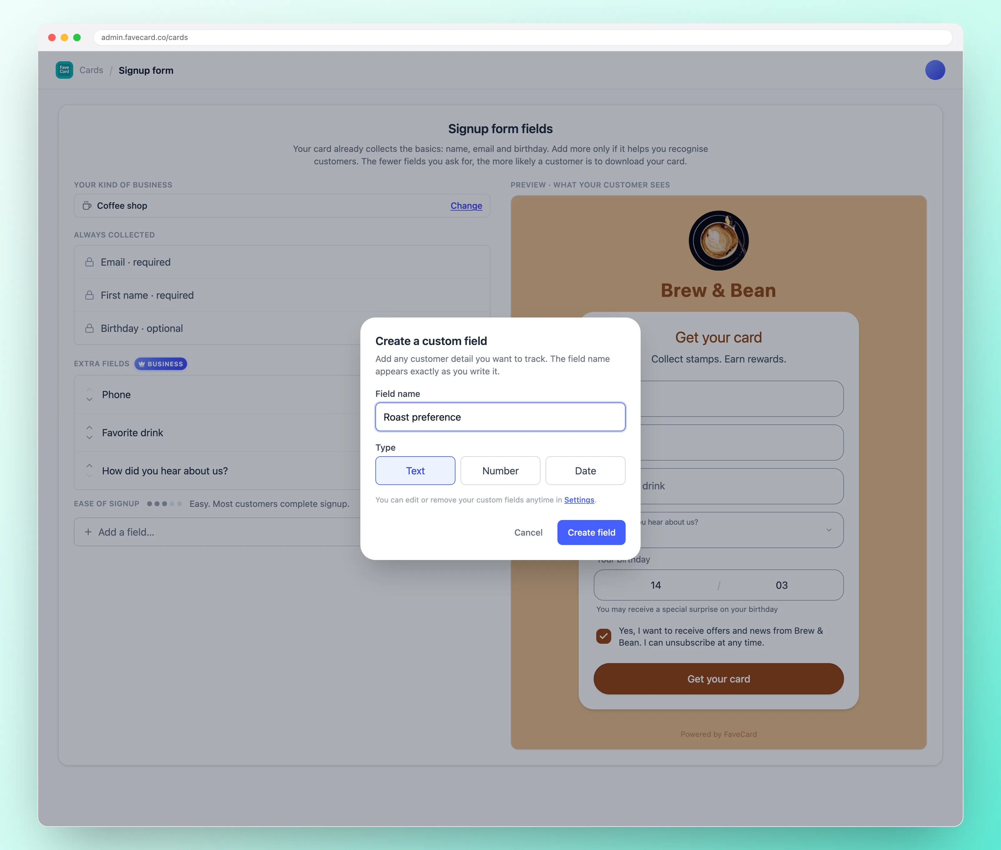 The create a custom field dialog in FaveCard, with a field name and a choice of text, number or date