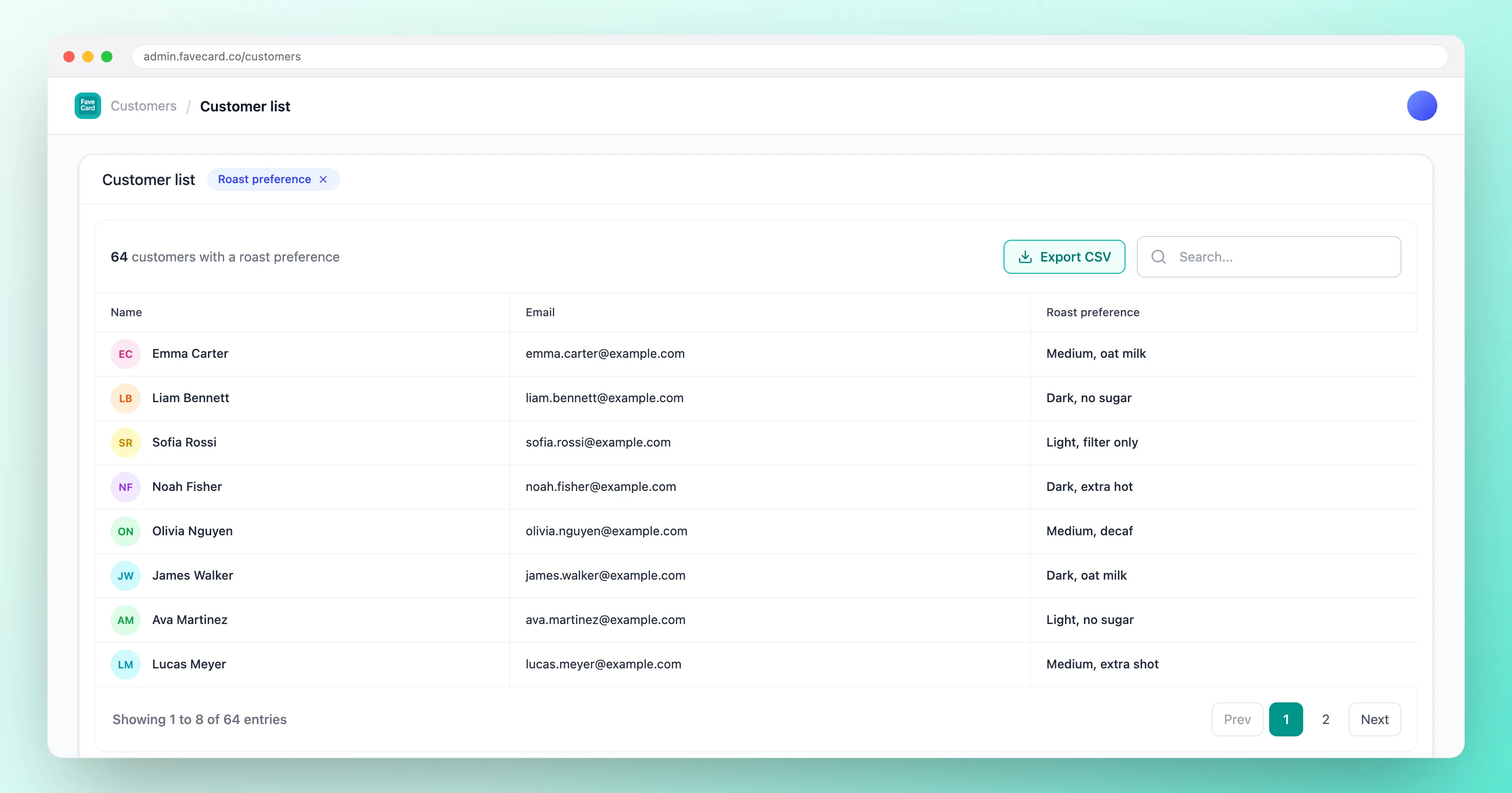 The FaveCard customer list filtered by a question the business wrote itself, showing name, email and that answer as a column, with a button to export the list as a CSV