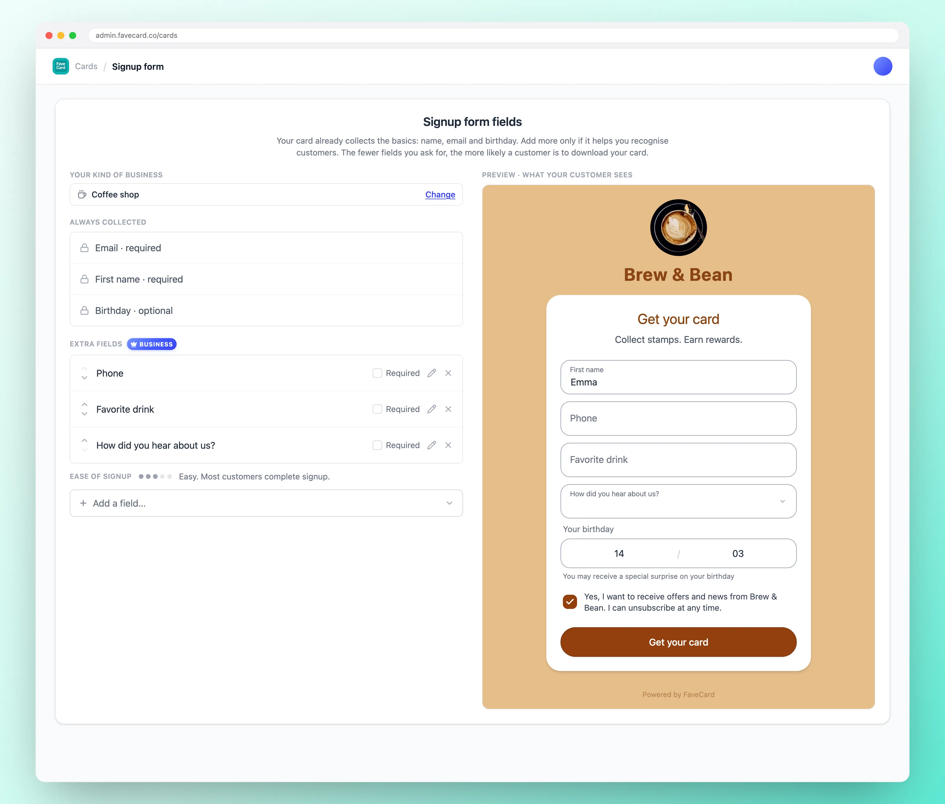 The FaveCard signup form editor showing the questions always collected, the extra questions this salon has added, and a meter rating how easy the form is to complete