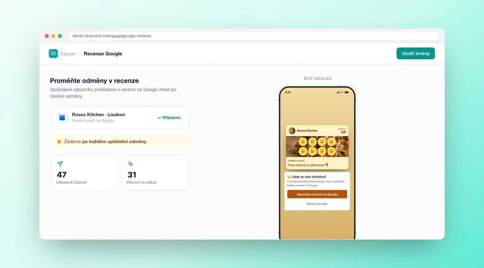 Nastavení recenzí Google ve FaveCard: připojený Firemní profil Google, žádost po každém uplatnění odměny, statistiky odeslaných žádostí a kliknutí a živý náhled karty.