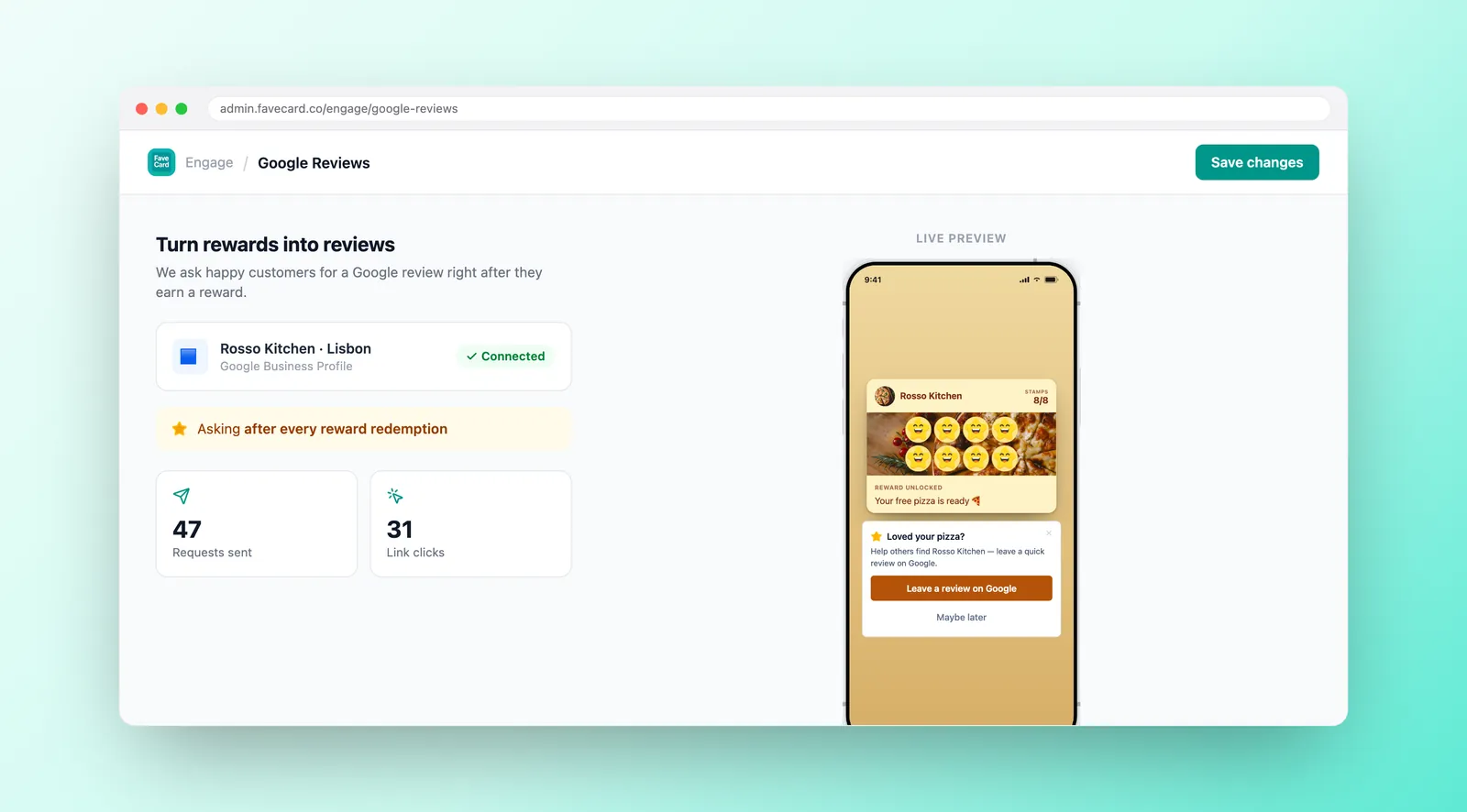 Nastavení recenzí Google ve FaveCard: připojený Firemní profil Google, žádost po každém uplatnění odměny, statistiky odeslaných žádostí a kliknutí a živý náhled karty.