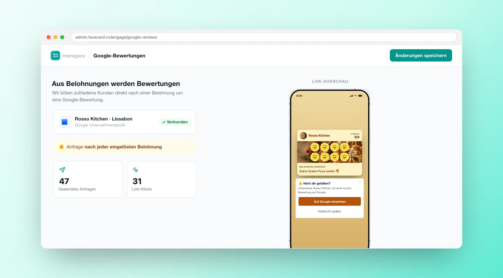 FaveCard-Einrichtung für Google-Bewertungen: verbundenes Google Unternehmensprofil, Anfrage nach jeder eingelösten Belohnung, Statistiken zu gesendeten Anfragen und Klicks sowie eine Live-Vorschau der Karte.