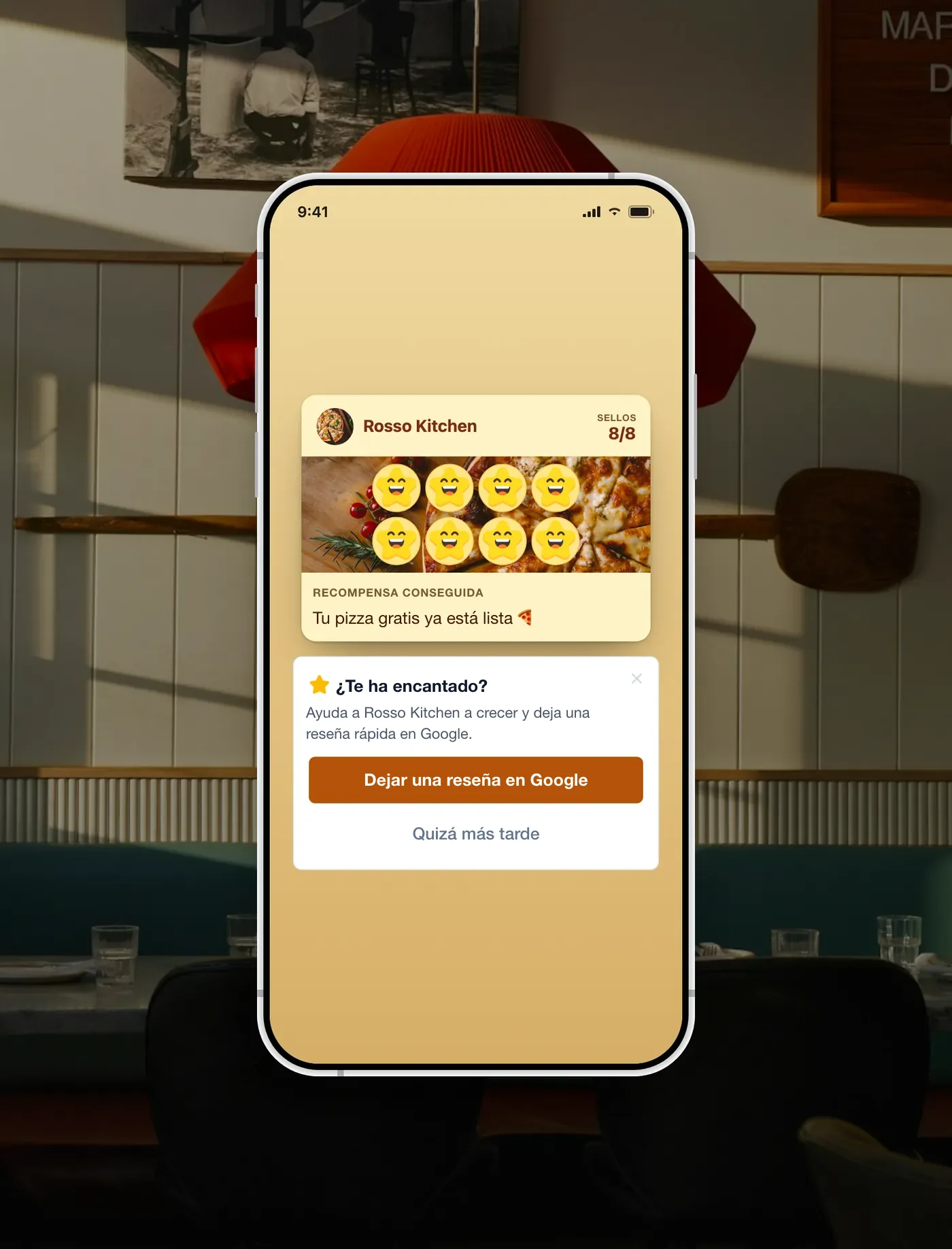 Una tarjeta FaveCard en un teléfono en Rosso Kitchen con una recompensa desbloqueada y una invitación de un toque para dejar una reseña en Google.
