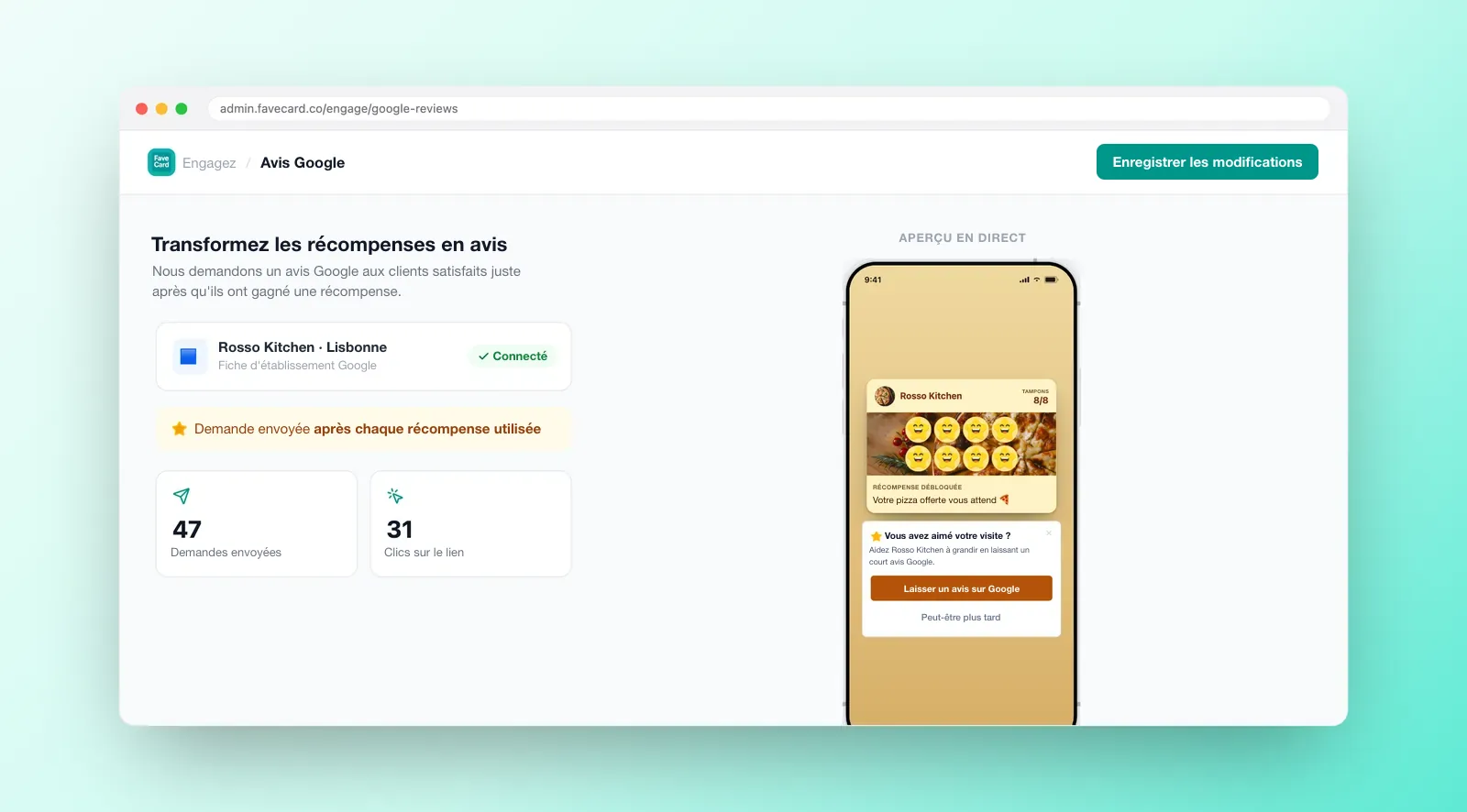 Configuration Google Reviews dans FaveCard : fiche Google Business Profile connectée, demande après chaque récompense utilisée, statistiques de demandes et de clics, et aperçu de la carte.