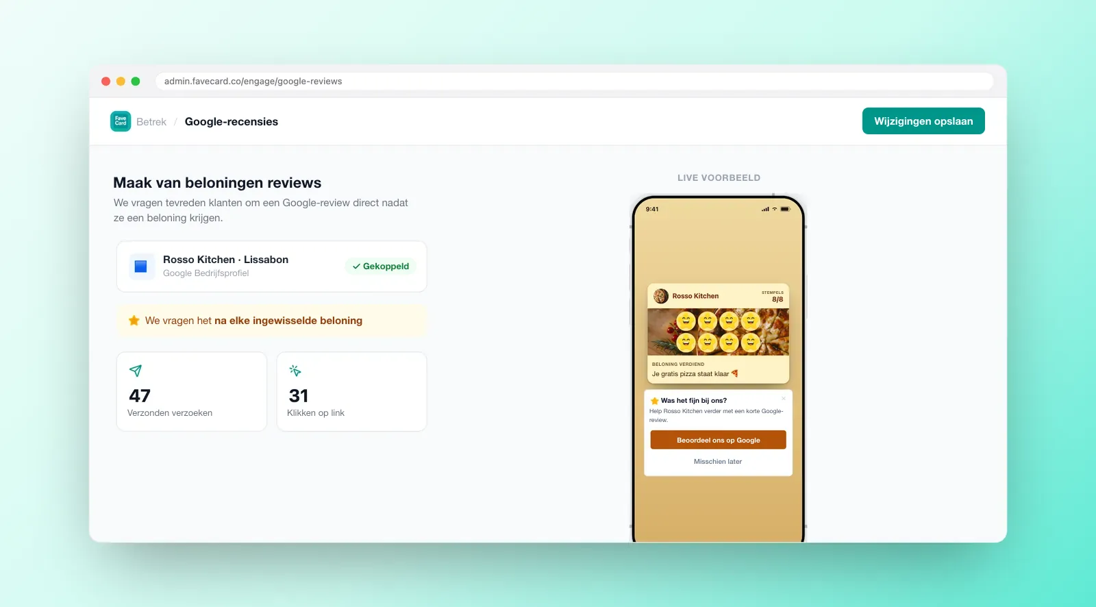 FaveCard-instelling voor Google-reviews: een gekoppeld Google Bedrijfsprofiel, vragen na elke ingewisselde beloning, statistieken voor verzonden verzoeken en klikken, plus een live kaartvoorbeeld.