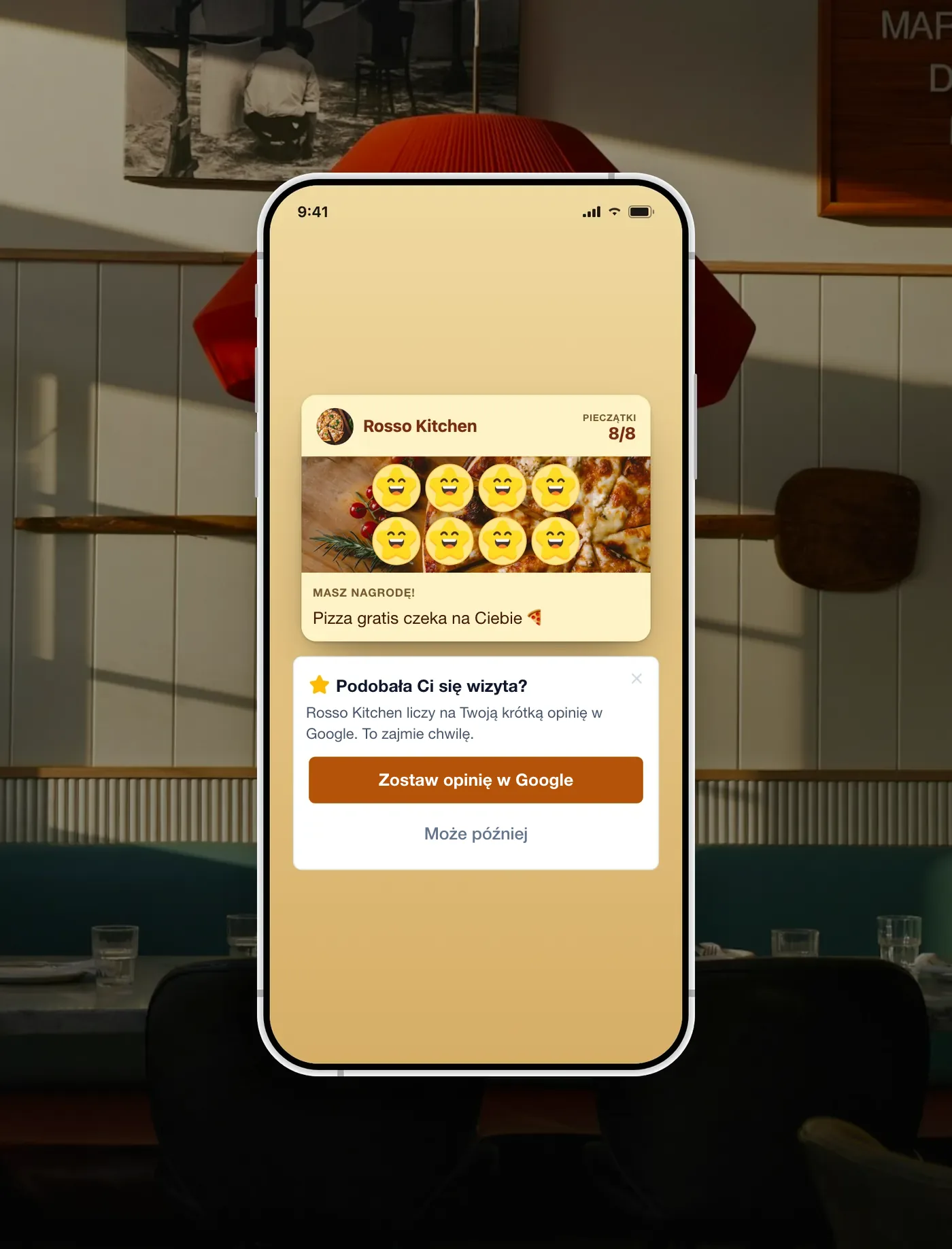 Karta lojalnościowa pizzerii w momencie odblokowanej nagrody, z komunikatem „Wystaw opinię w Google”, który pojawia się zaraz po nagrodzie