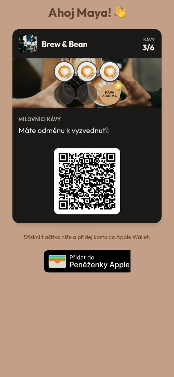 Obrazovka telefonu s Mayinou kartou na 3 ze 6 razítek, upozorněním na odměnu k vyzvednutí a tlačítkem pro přidání do Apple Wallet.