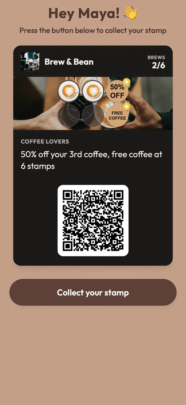 Puhelimen näyttö tervehtii kanta-asiakas Mayaa: hänen kanta-asiakaskortissaan on 2/6 leimaa ja ”Collect your stamp” -painike.