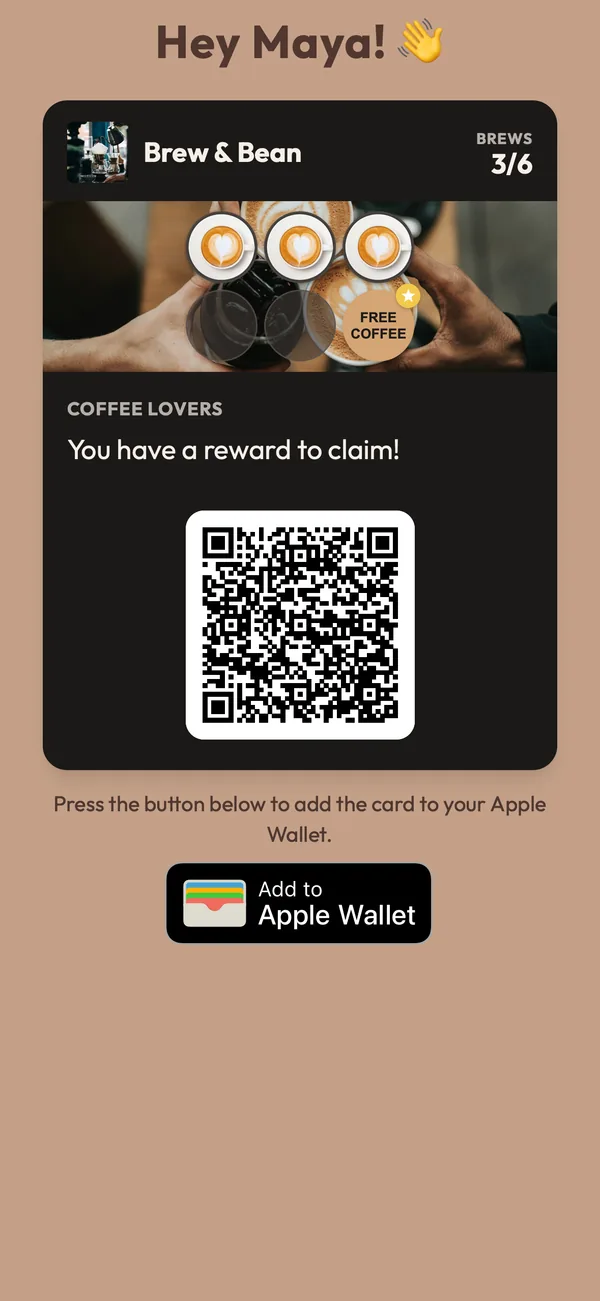 Puhelimen näyttö, jossa Mayan kanta-asiakaskortissa on 3/6 leimaa, lunastettavissa oleva palkinto ja Lisää Apple Walletiin -painike.