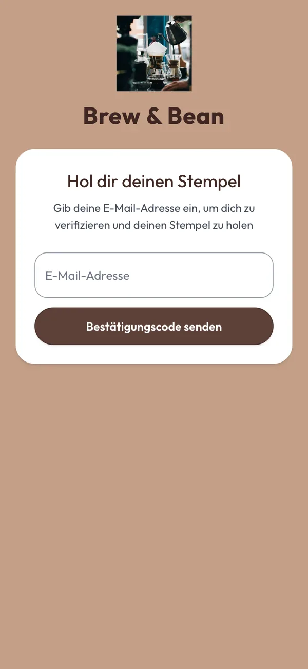 Handybildschirm, nachdem ein Neukunde den Kiosk-Code gescannt hat: das Logo des Cafés und ein Feld für die E-Mail-Adresse, an die ein Bestätigungscode geht.