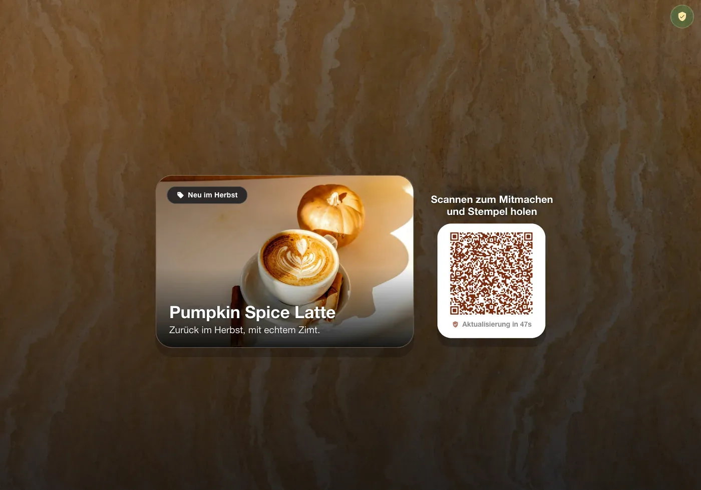 FaveCard-Kiosk auf einem iPad im Querformat: eine Pumpkin-Spice-Latte-Aktion neben der Überschrift "Scan to join & get a stamp" und einem QR-Code, auf warmem Steinhintergrund.