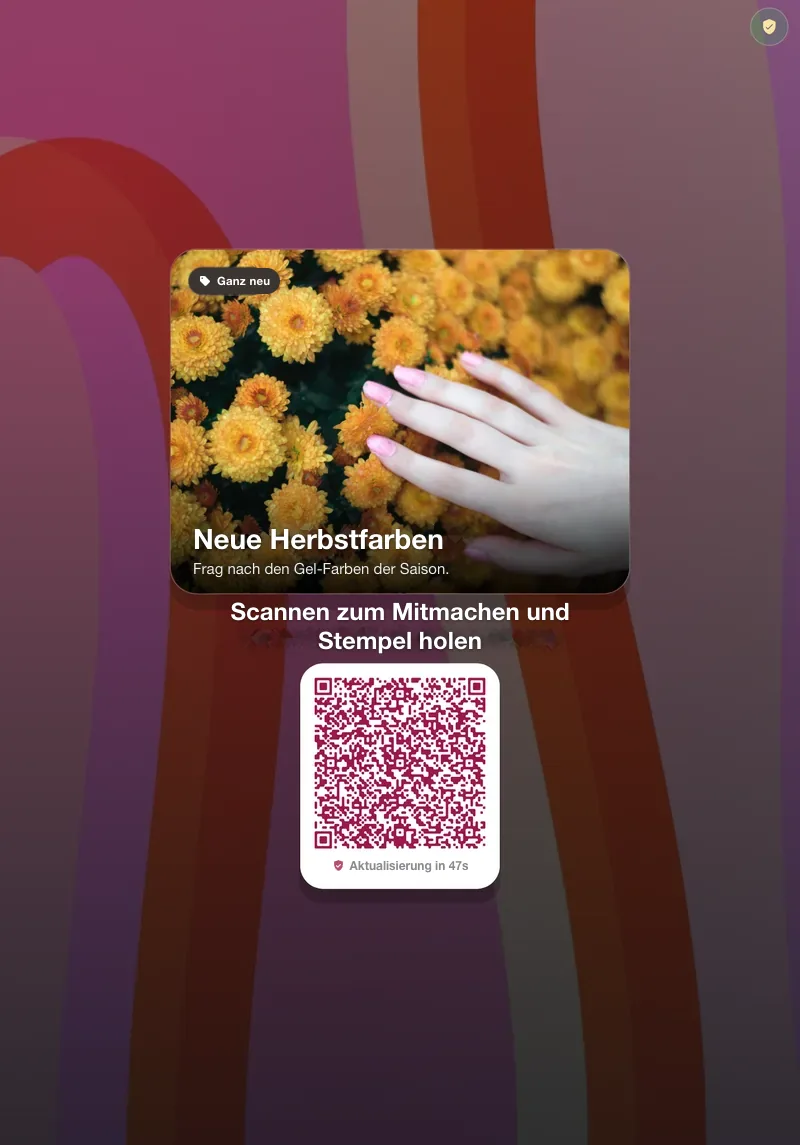 FaveCard-Kiosk auf einem iPad im Hochformat: eine Nagel-Aktion "New autumn shades" über der Überschrift "Scan to join & get a stamp" und einem QR-Code, auf rosa Hintergrund mit Wellenstreifen.