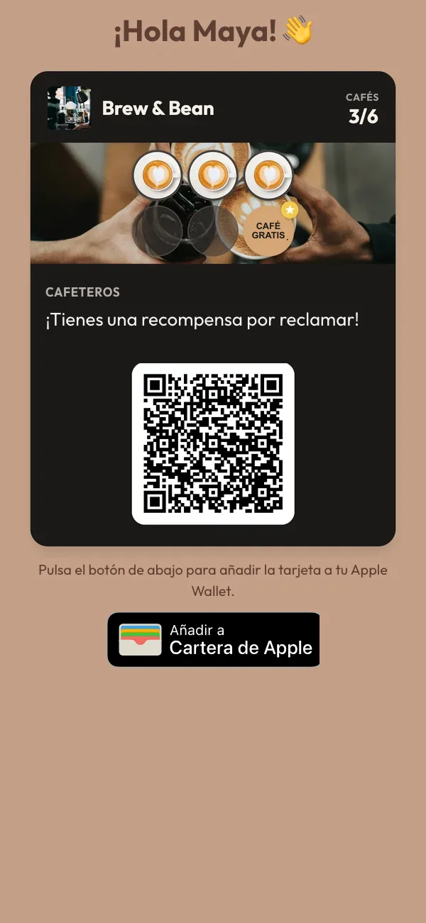 Pantalla del móvil con la tarjeta de Maya en 3 de 6 sellos, un aviso de recompensa disponible y un botón para añadirla a Apple Wallet.
