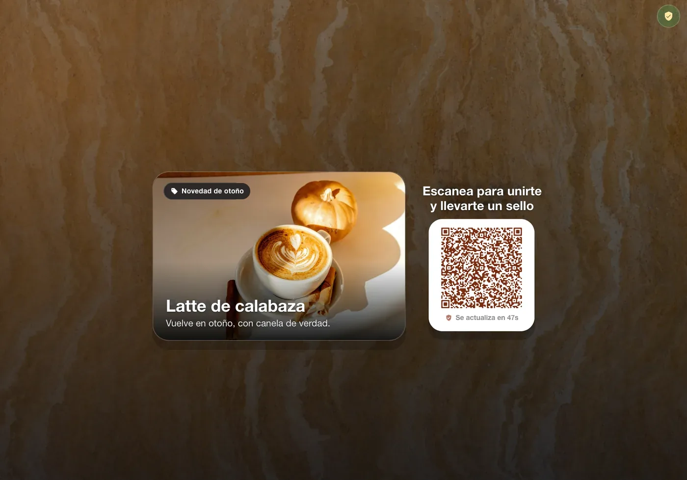 Kiosco FaveCard en un iPad en horizontal: una promoción de pumpkin spice latte junto al titular "Scan to join & get a stamp" y un código QR, sobre un fondo de piedra cálida.