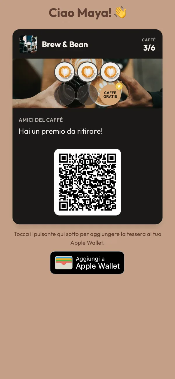 Schermata del telefono con la carta di Maya a 3 timbri su 6, l’avviso di un premio da riscattare e un pulsante per aggiungerla ad Apple Wallet.