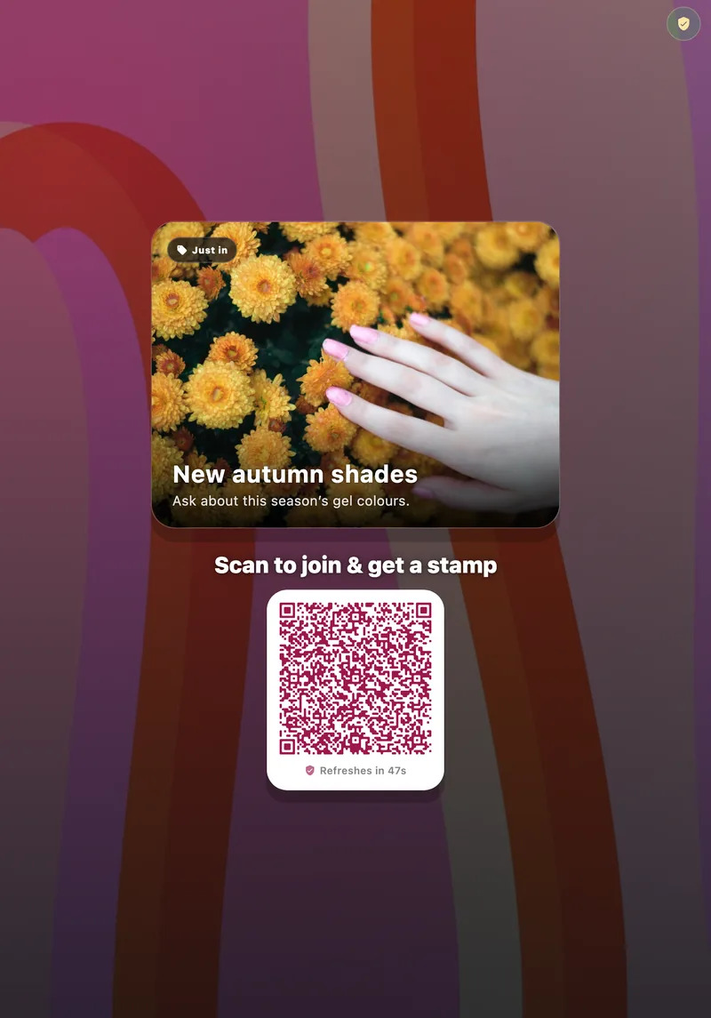 FaveCard kiosk mode on an iPad at an example nail salon: an offer for new autumn shades above a QR code customers scan to join and get a stamp, with a countdown to its next refresh.