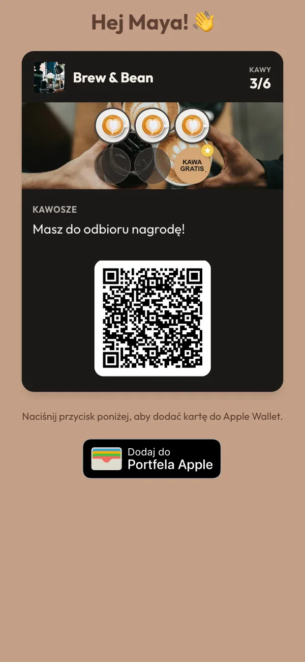 Ekran telefonu z kartą Mayi na 3 z 6 pieczątek, informacją o nagrodzie do odebrania i przyciskiem dodania karty do Apple Wallet.