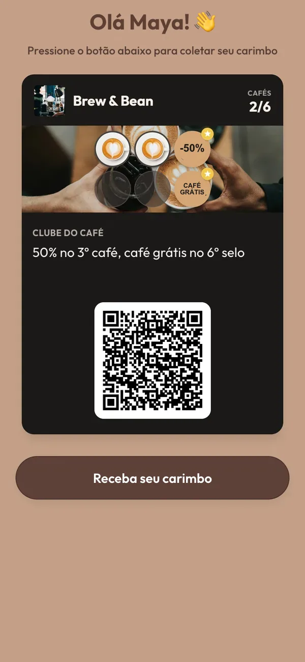 Tela do celular cumprimentando a cliente fiel Maya: o cartão de fidelidade dela com 2 de 6 selos e o botão "Collect your stamp".