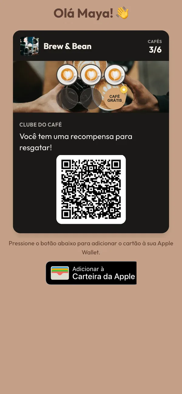 Tela do celular com o cartão da Maya em 3 de 6 selos, um aviso de recompensa para resgatar e um botão para adicionar à Apple Wallet.