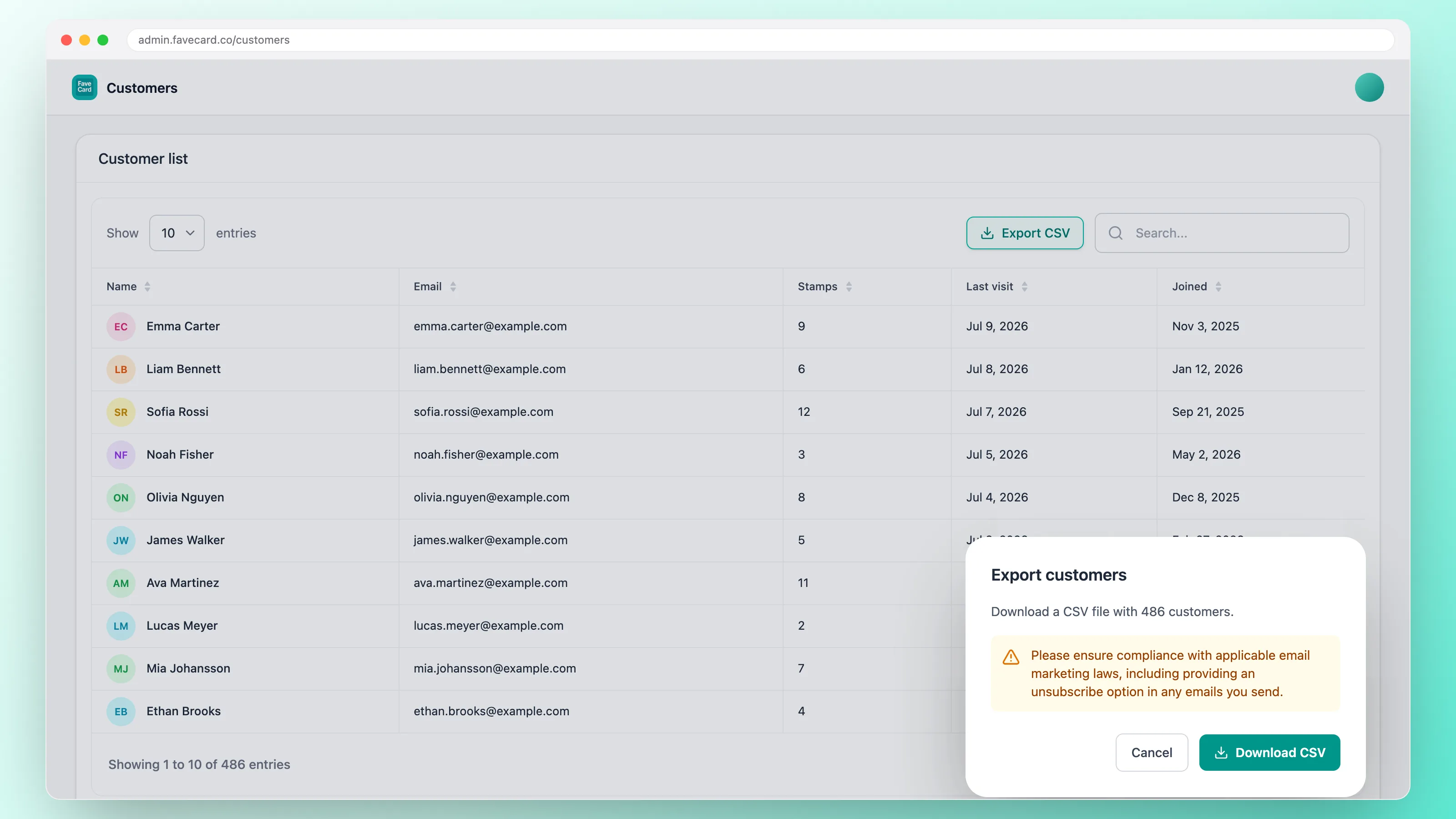 FaveCard dashboard showing a customer list with names and email addresses and an Export CSV dialog for 486 customers