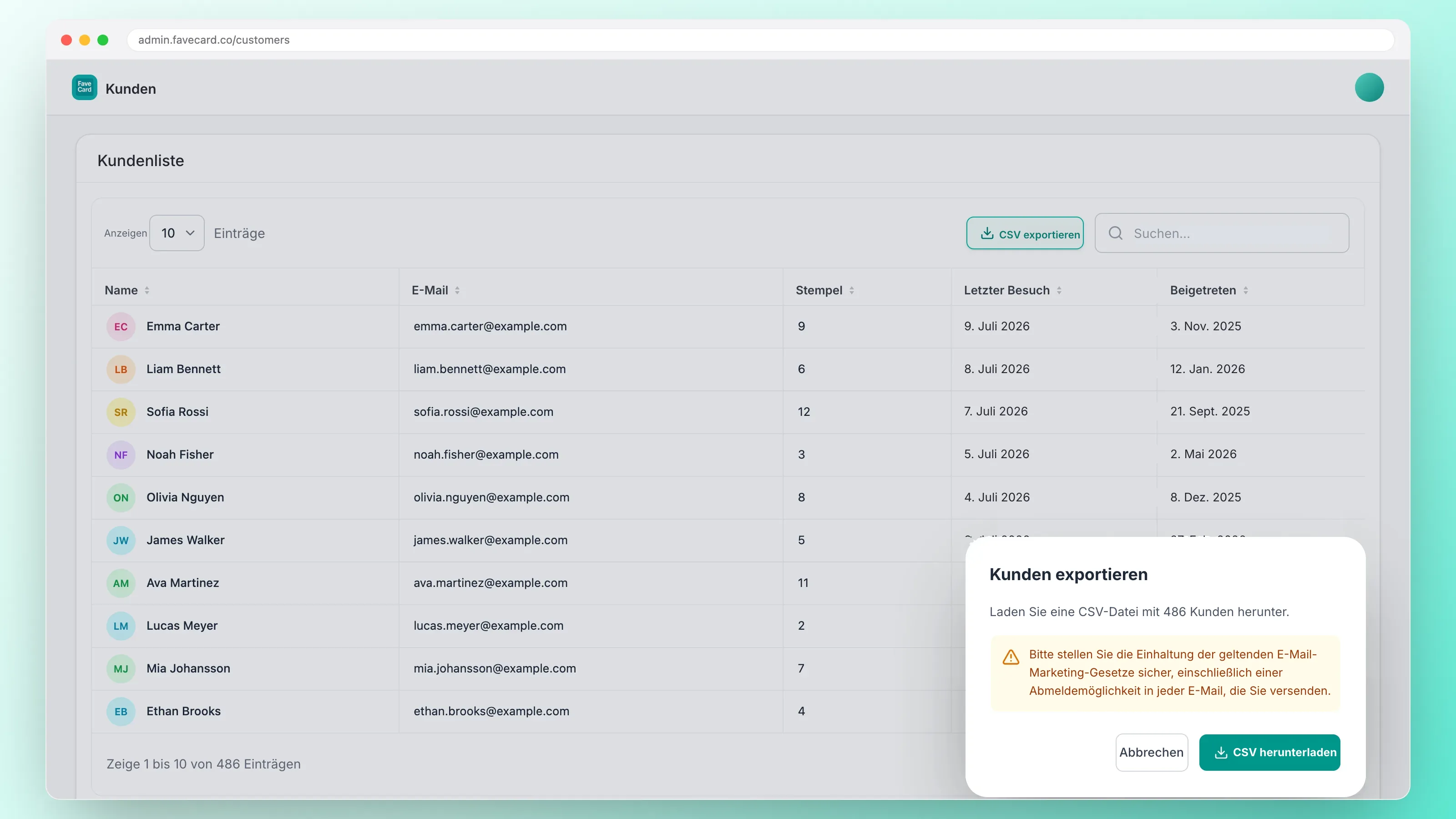 FaveCard-Dashboard mit einer Kundenliste mit Namen und E-Mail-Adressen und einem CSV-Export-Dialog für 486 Kunden