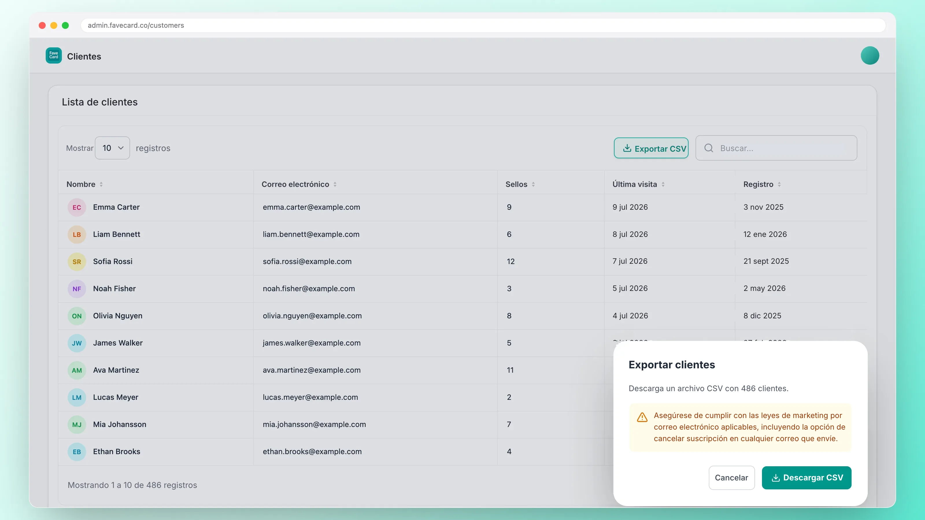 Panel de FaveCard con una lista de clientes con nombres y correos electrónicos y un cuadro de exportación CSV para 486 clientes