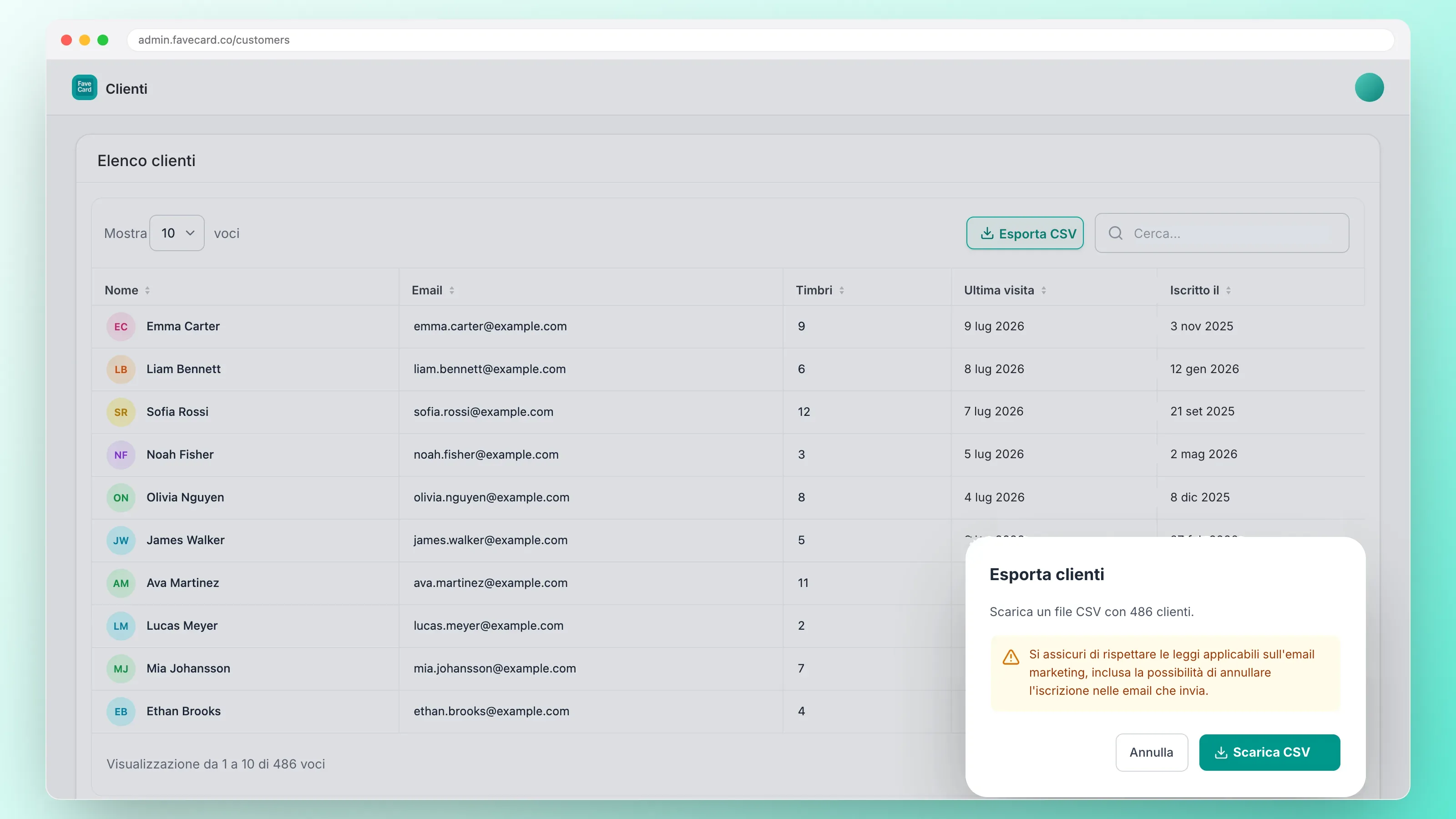 Dashboard di FaveCard con una lista clienti con nomi e indirizzi email e una finestra di esportazione CSV per 486 clienti