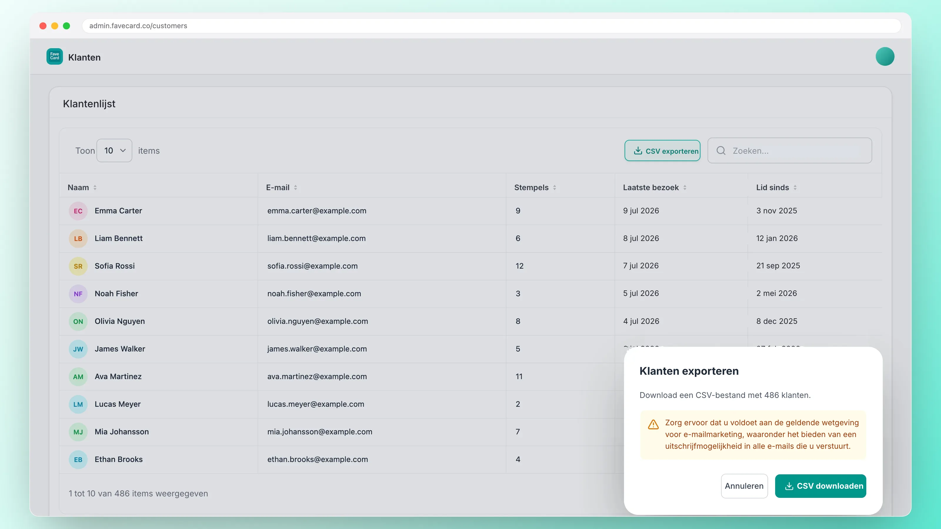 FaveCard-dashboard met een klantenlijst met namen en e-mailadressen en een venster om 486 klanten als CSV te exporteren