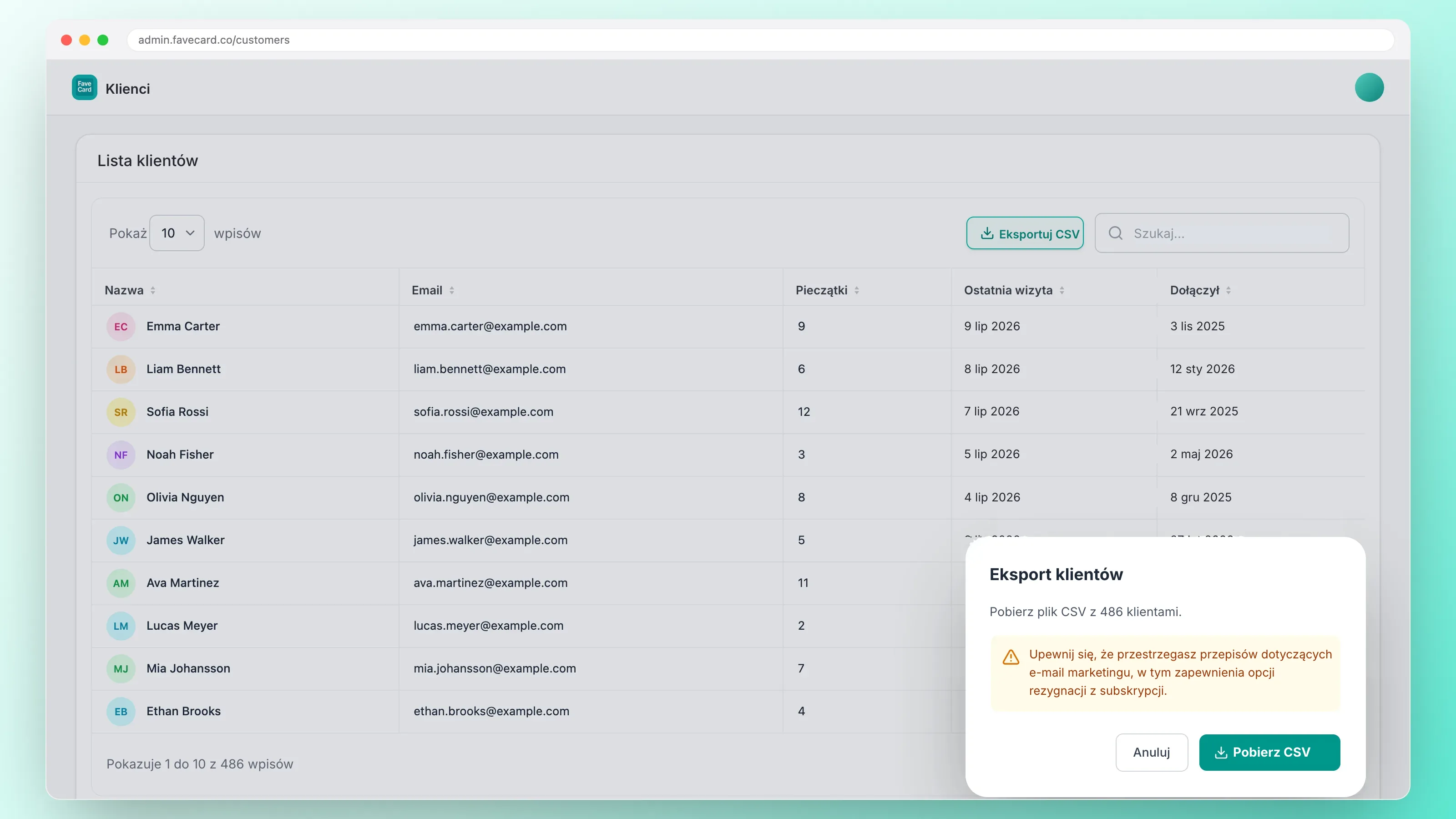 Panel FaveCard z listą klientów, imionami i adresami e-mail oraz oknem eksportu CSV dla 486 klientów