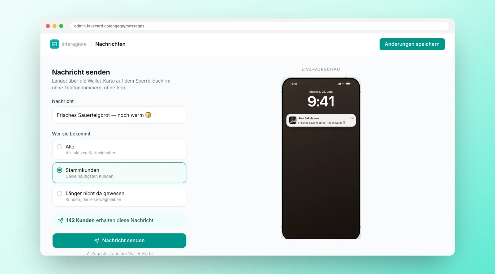 FaveCard-Nachrichteneditor mit Zielgruppenauswahl, Empfängerzahl und Vorschau für den Sperrbildschirm.