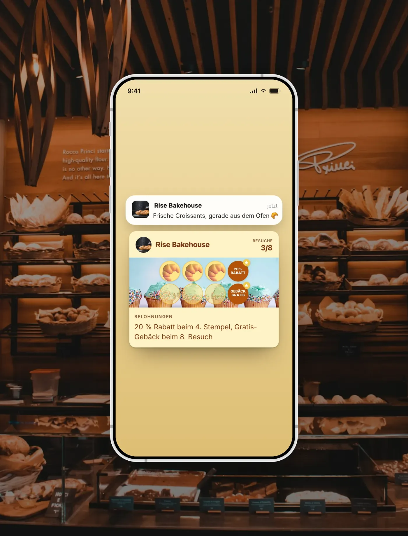 Rise-Bakehouse-Treuekarte im Wallet mit einer Nachricht des Betriebs auf dem Sperrbildschirm.