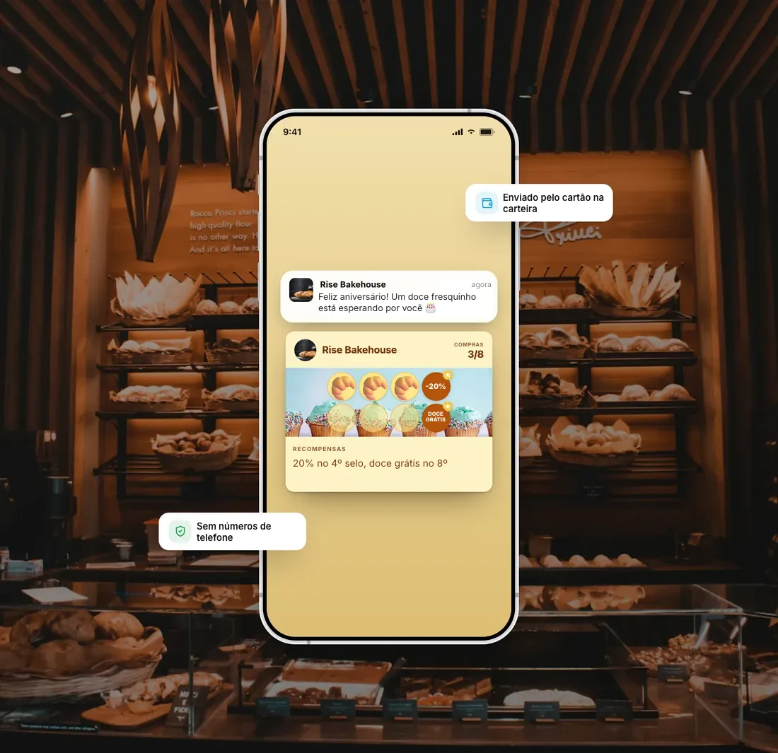 Cartão de uma padaria no wallet com mensagem de aniversário e selos sobre envio pelo wallet e sem números de telefone.