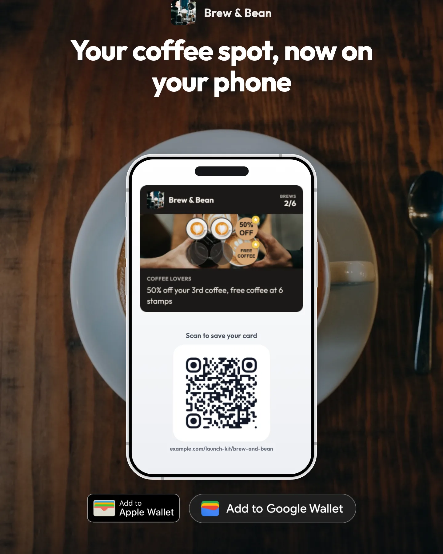 Instagram post for a coffee shop: "Your coffee spot, now on your phone", with the loyalty card and a QR code on a phone
