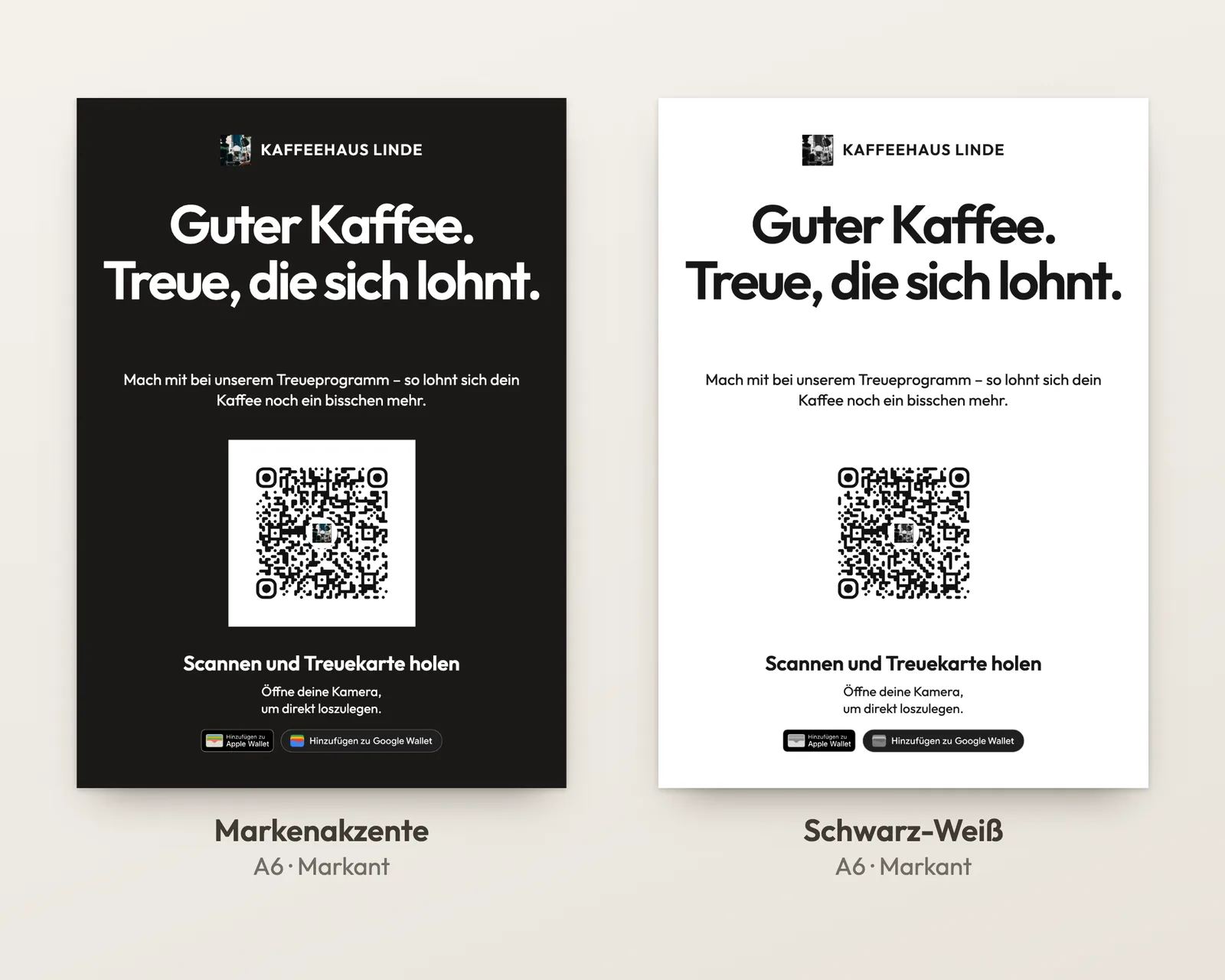 Dieselbe A6-Karte vom Kaffeehaus Linde mit Markenakzenten und in Schwarz-Weiß, beide mit dunklem QR-Code auf weißem Feld