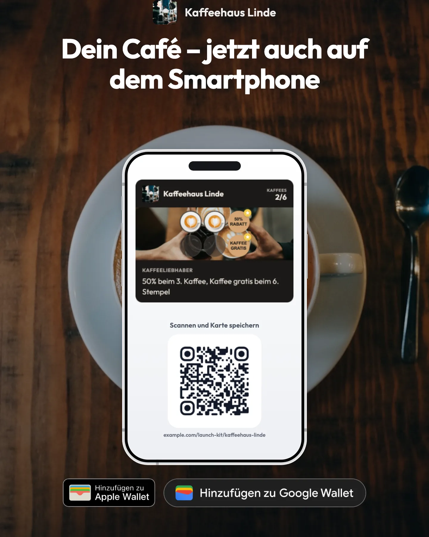 Instagram-Beitrag vom Kaffeehaus Linde mit der Überschrift „Dein Café – jetzt auch auf dem Smartphone“, der Treuekarte und einem QR-Code auf einem Smartphone