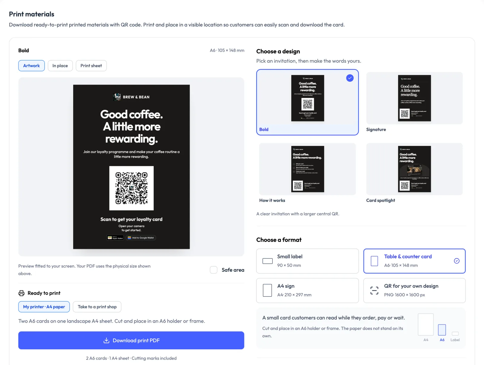 The FaveCard print materials editor: an A6 table card preview, four designs (Bold, Signature, How it works, Card spotlight) and four formats