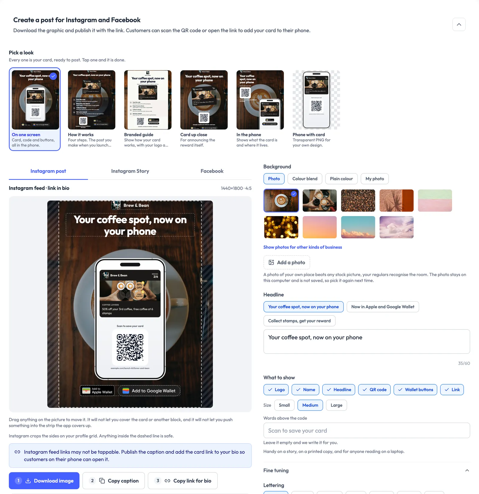 The FaveCard social graphics editor: six post styles, an Instagram post preview for a coffee shop and the headline, photo and what-to-show settings