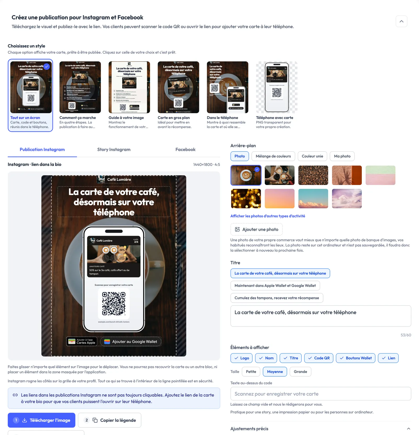 L'éditeur de visuels FaveCard en français : six styles, l'aperçu d'une publication Instagram pour Café Lumière et les réglages de l'arrière-plan, du titre et des éléments à afficher