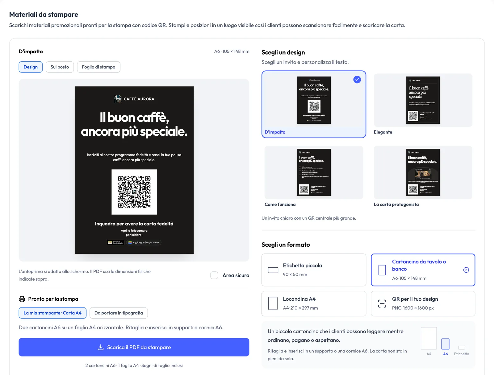 La sezione Materiali da stampare di FaveCard in italiano: l'anteprima di un cartoncino A6 di Caffè Aurora, i quattro design (D'impatto, Elegante, Come funziona, La carta protagonista) e i quattro formati