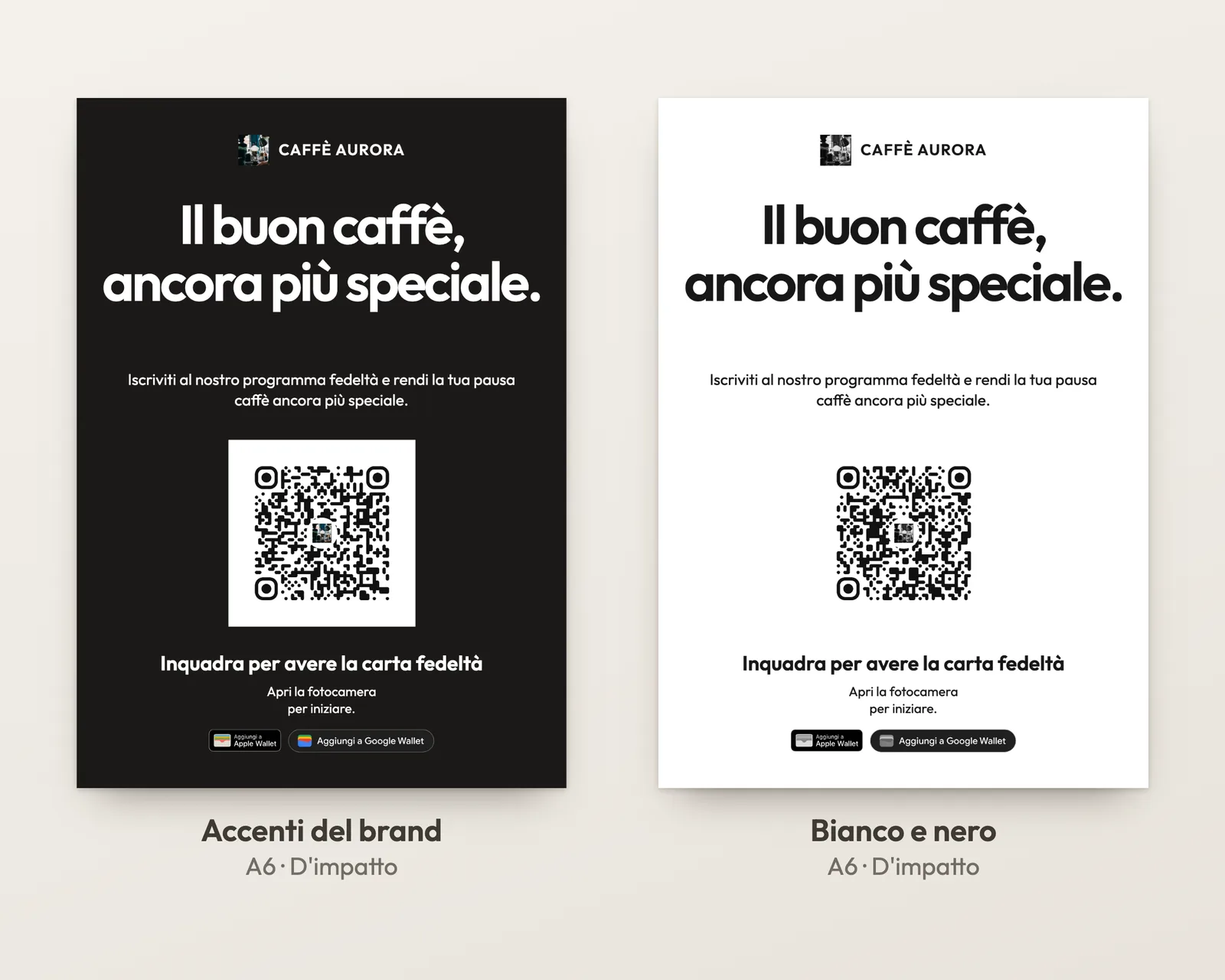 Lo stesso cartoncino A6 di Caffè Aurora in versione «Accenti del brand» e «Bianco e nero», in entrambi i casi con il QR code scuro su fondo bianco