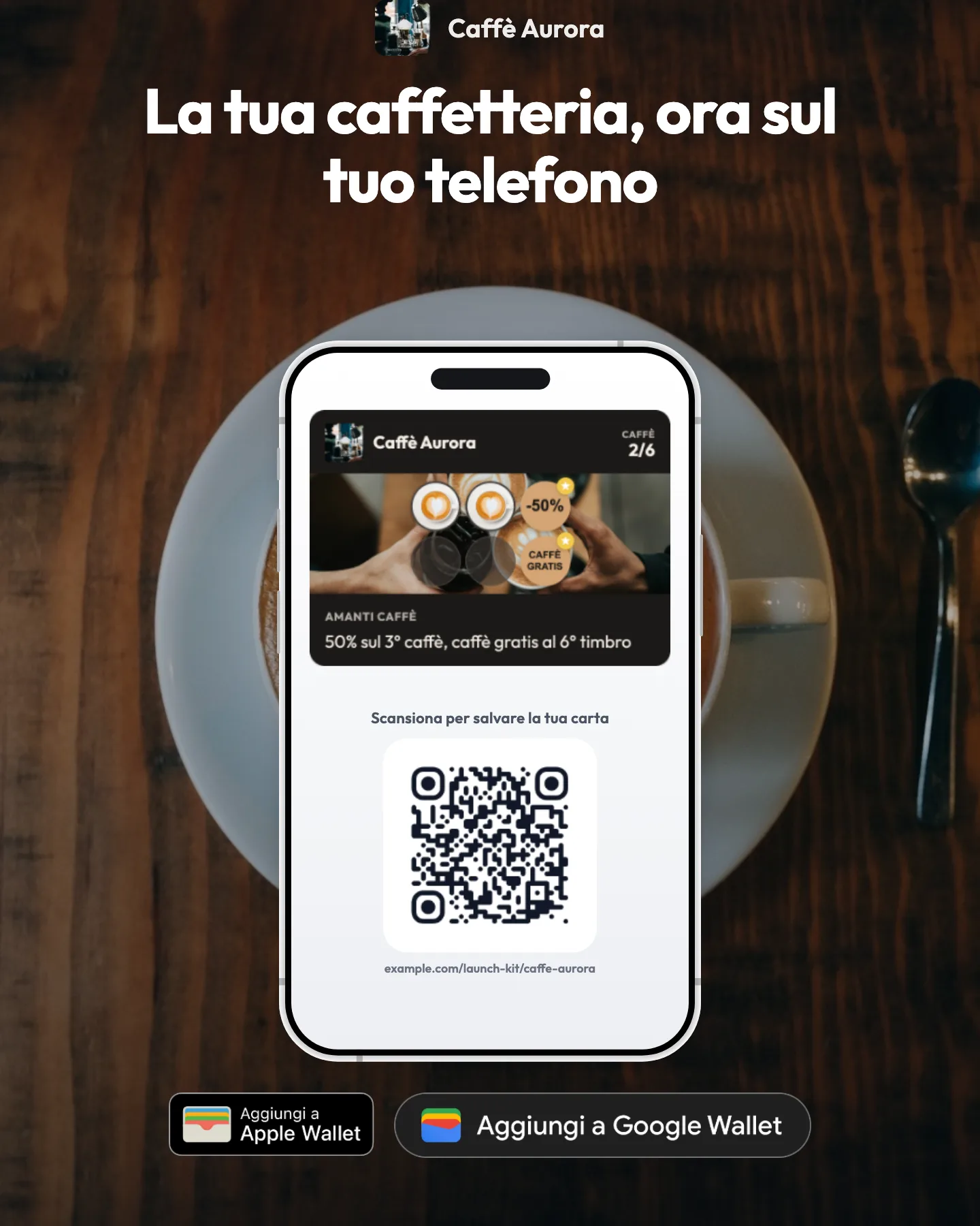 Post Instagram di Caffè Aurora, «La tua caffetteria, ora sul tuo telefono», con la carta fedeltà e un QR code su uno smartphone
