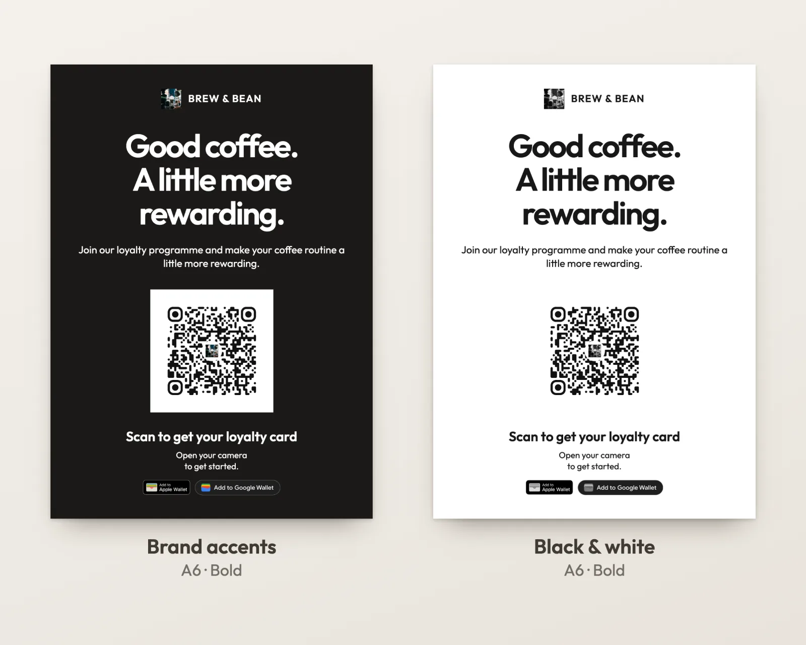 The same A6 loyalty card printed with dark brand colors and in black and white, both with a dark QR code on a white panel