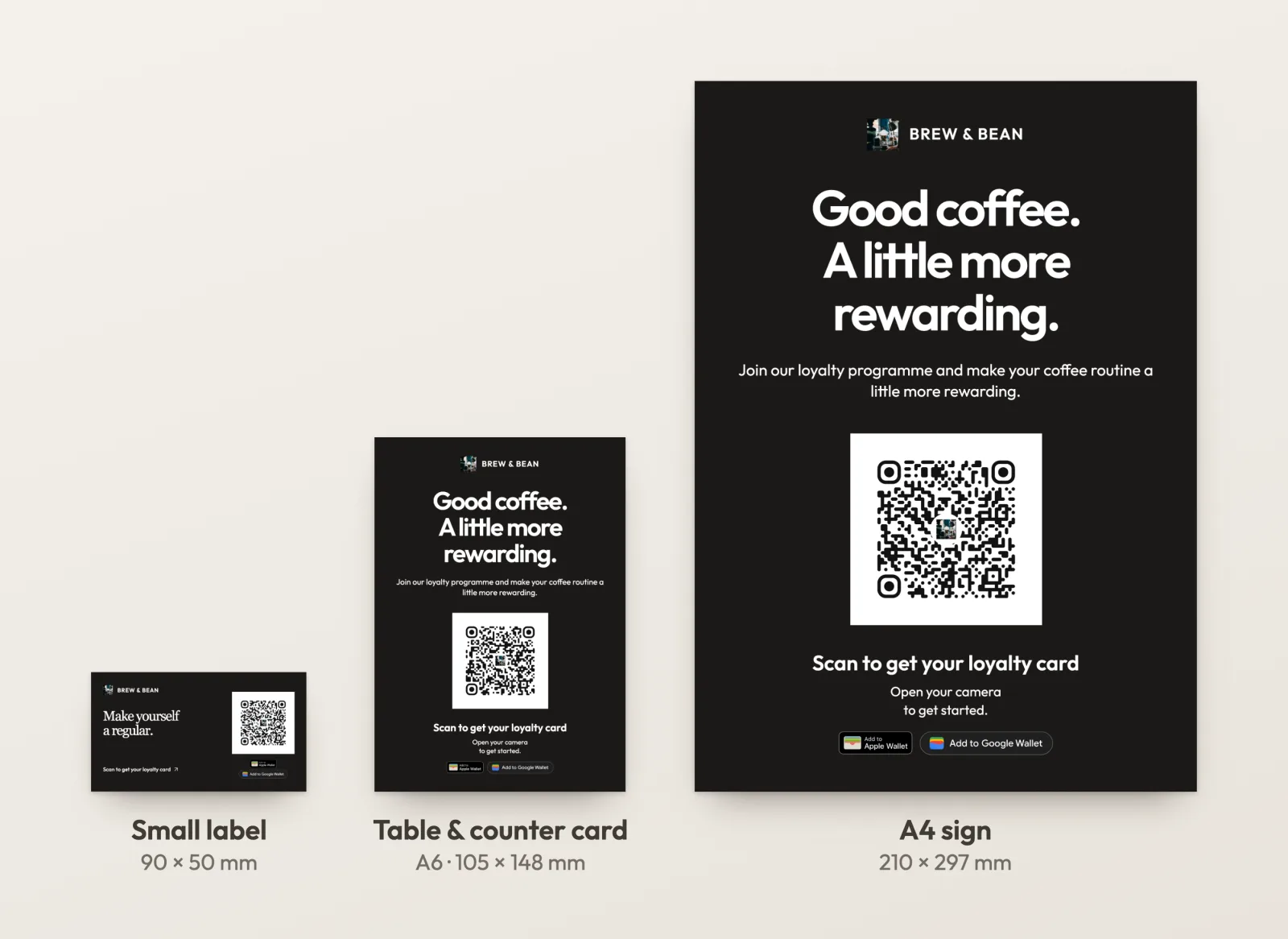 The same loyalty sign in three sizes made with the FaveCard print editor: a 90 × 50 mm label, an A6 table and counter card and an A4 sign, side by side at relative scale