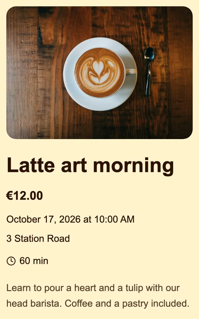 Et arrangement på en FaveCard-virksomhedsside: Latte art-morgen, €12,00, 17. oktober 2026 kl. 10.00, 3 Station Road, 60 min., med foto af latte art og en kort beskrivelse