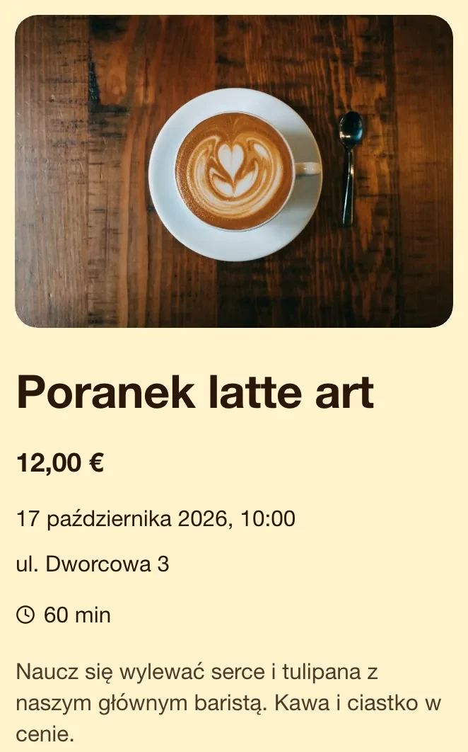 Prawdziwe wydarzenie na stronie firmy w FaveCard: Poranek latte art, 12,00 €, 17 października 2026, 10:00, ul. Dworcowa 3, 60 min, ze zdjęciem latte art i krótkim opisem