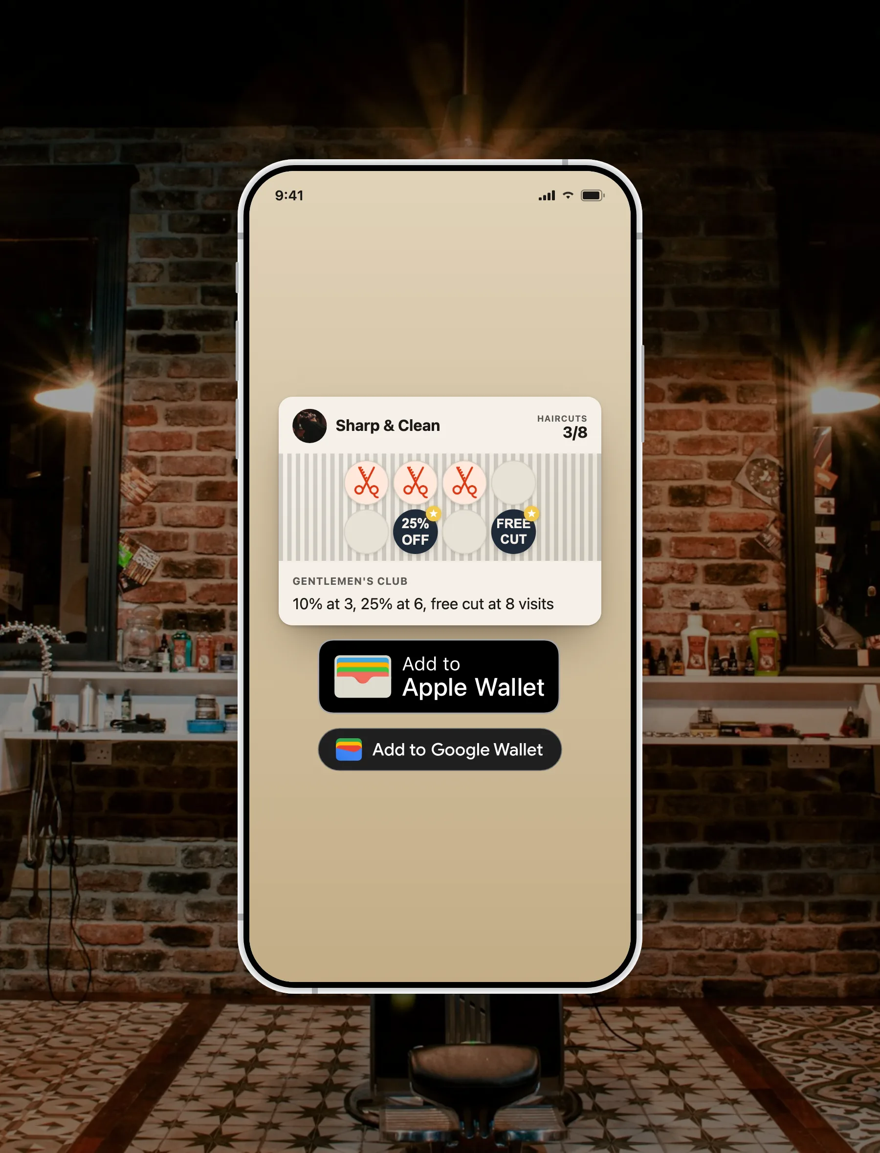 FaveCard digital barbershop loyalty card shown on a phone in a barbershop, with Add to Apple Wallet and Add to Google Wallet buttons and a stamp card at 3 of 8 haircuts toward a free cut