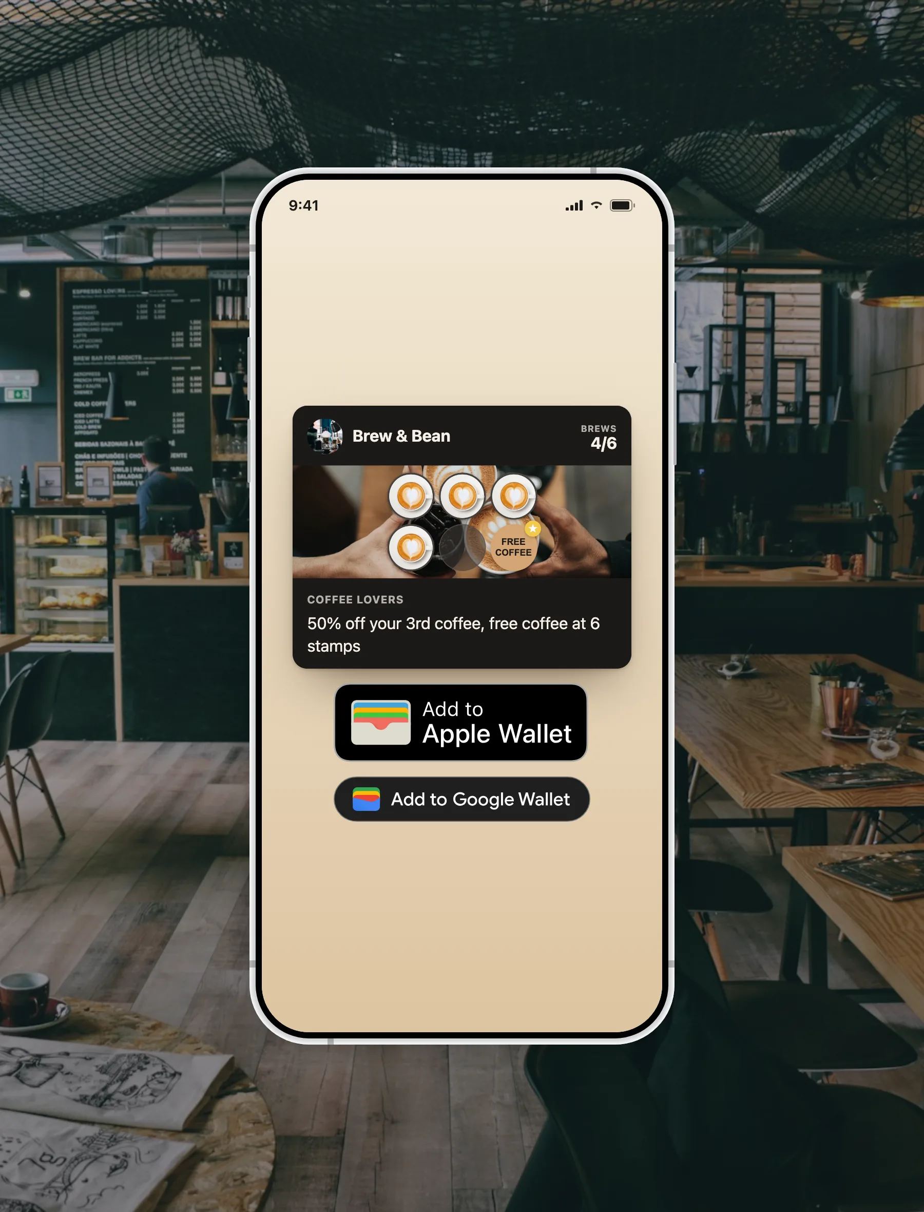 A FaveCard coffee-shop loyalty card on a phone with two rewards and Add to Apple Wallet and Google Wallet buttons.