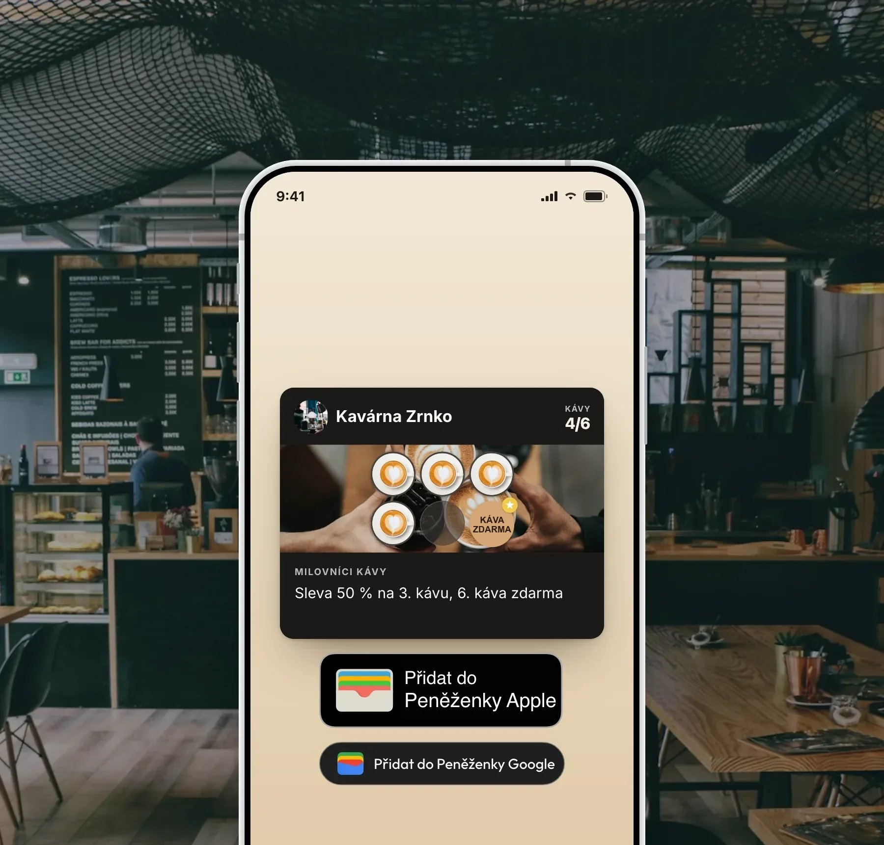 Věrnostní karta v barvách podniku na telefonu s tlačítky Přidat do Apple Wallet a Přidat do Google Wallet