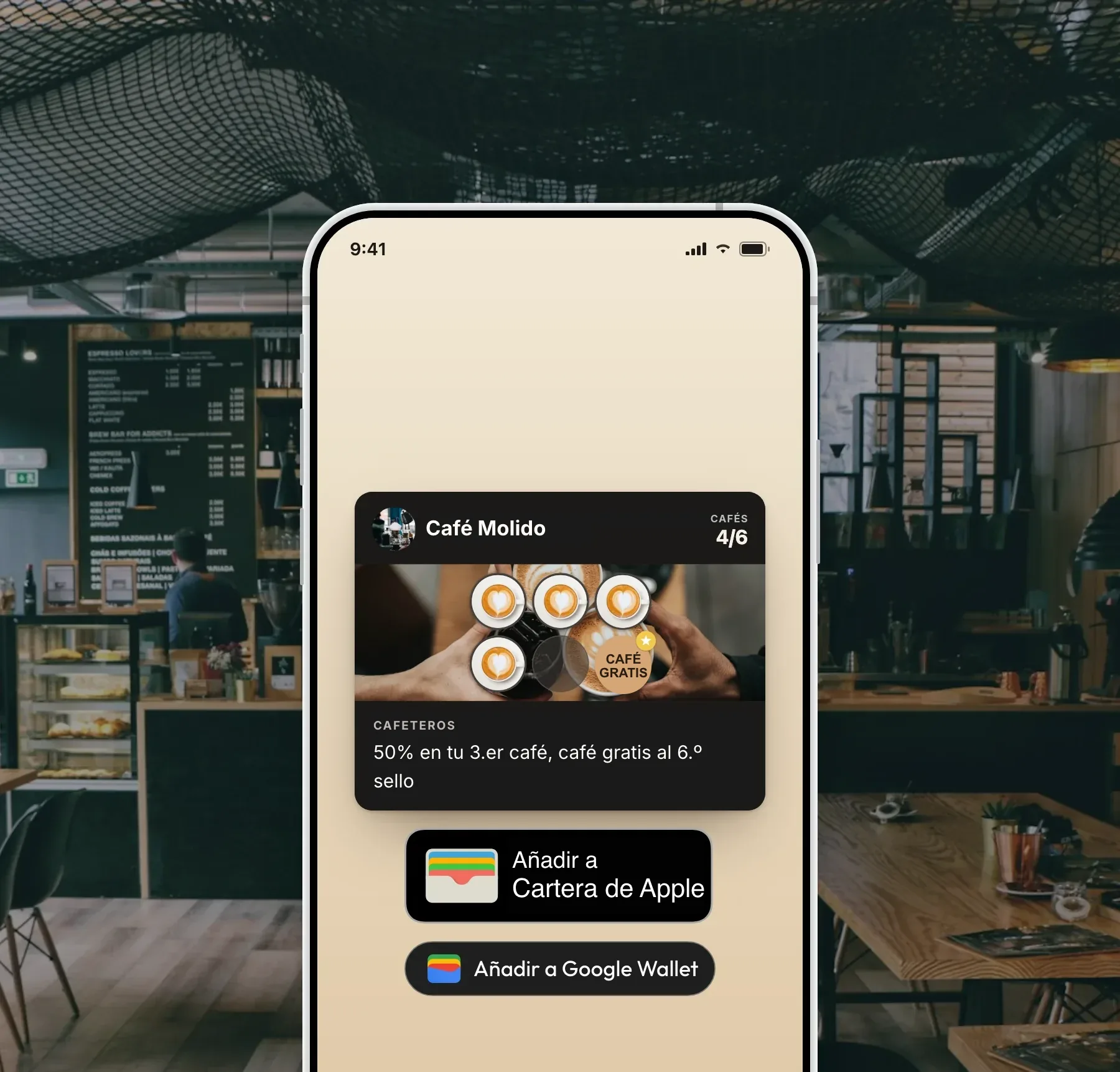 Una tarjeta de fidelización con la marca del negocio en un móvil, con los botones Añadir a Apple Wallet y Añadir a Google Wallet