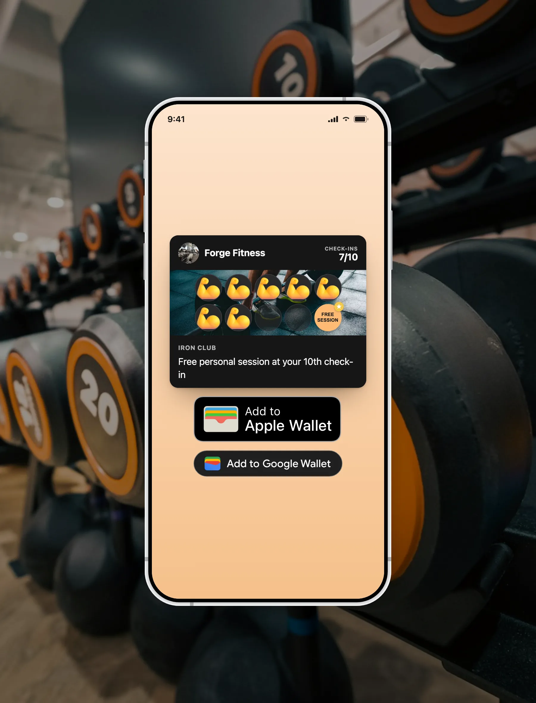 FaveCard digital gym loyalty card shown on a phone in a gym, with Add to Apple Wallet and Add to Google Wallet buttons and a check-in card at 7 of 10 visits toward a free personal training session